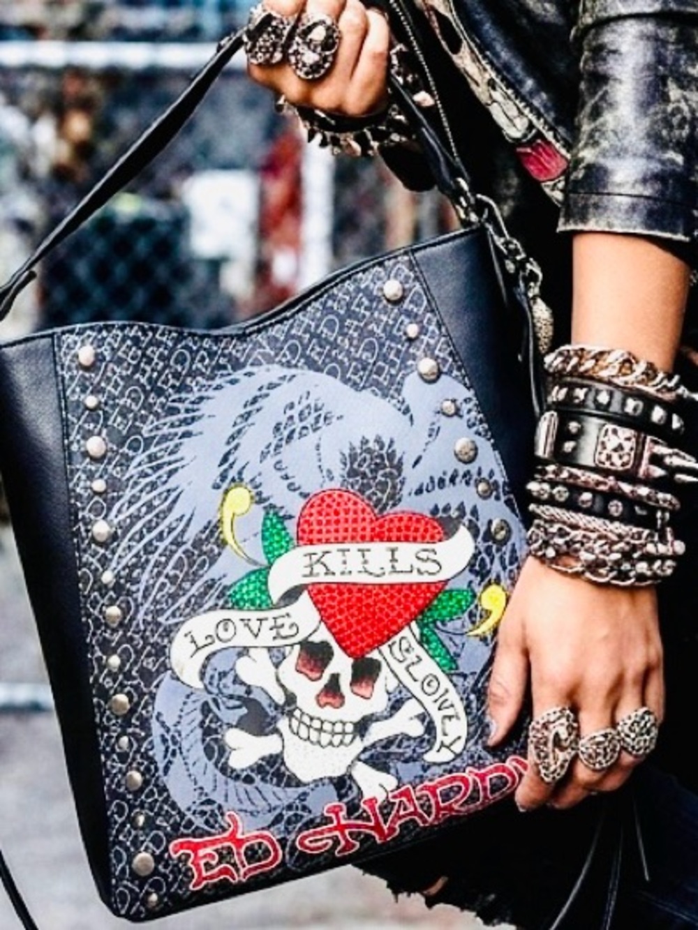 ED HARDY Black Crossbody Tote, Red Heart Skull Graphic w/ Gunmetal Studs 10x10x4
